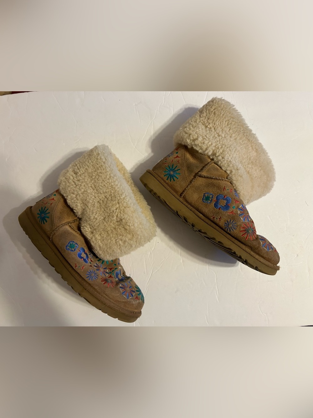 UGG Tan Suede Shearling Cuff Slippers with Colorful Floral Embroidery